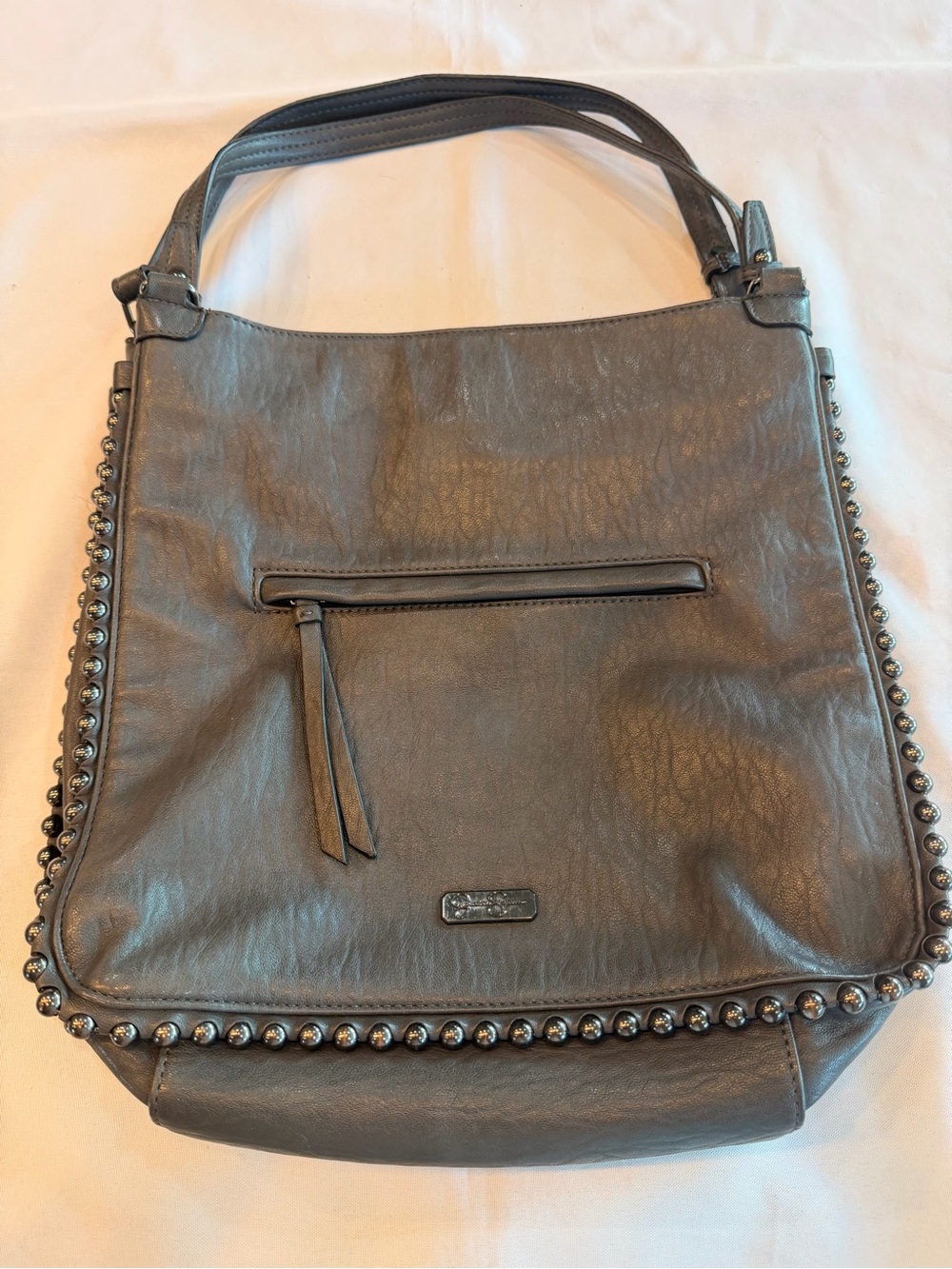 Jessica Simpson Camile Large Hobo Gunmetal Gray Stud-Trim Shoulder Tote Bag